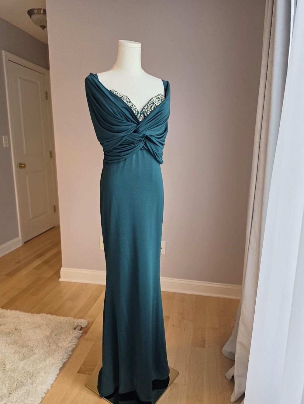 Tarik Ediz Deep Teal Gown with Sparkling Details